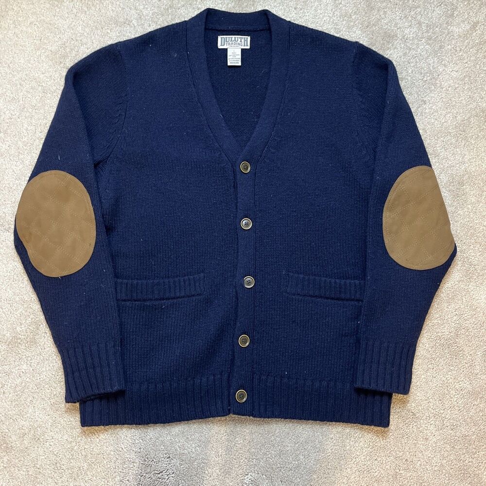 Duluth Trading Shetland Wool Cardigan Sweater Mens Large Navy Blue Elbow Patches